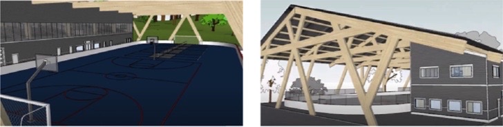 Two renderings: a court configured for basketball under the roof, and an exterior view of the covered arena with its timber structure.