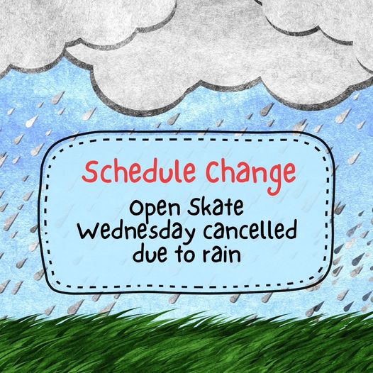 Graphic reading: Schedule Change, Open Skate Wednesday cancelled due to rain, set against illustrated rain clouds.