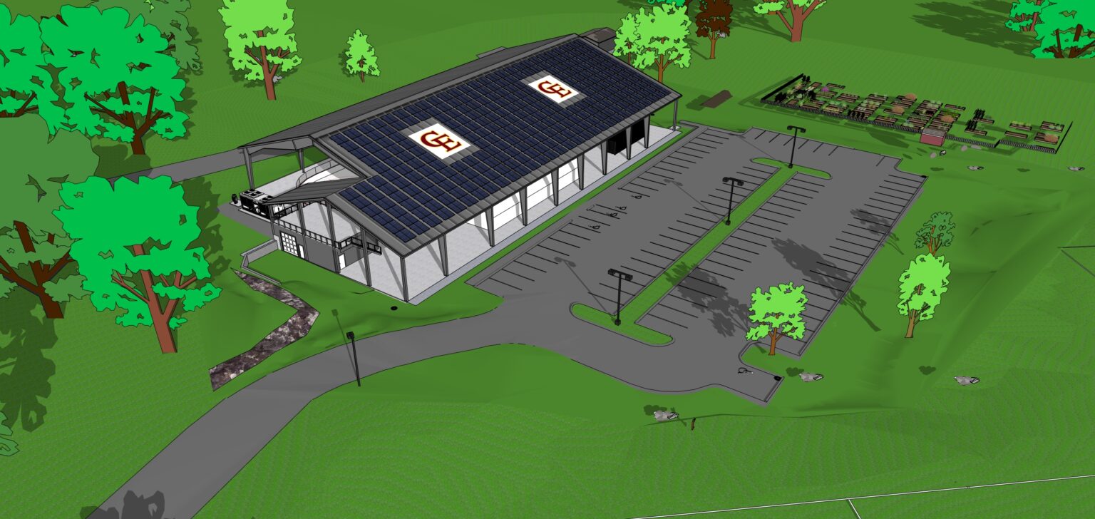 Aerial concept view after Phase 3: a steel frame and roof covered in solar panels stand over the rink, with the sides still open to the air.