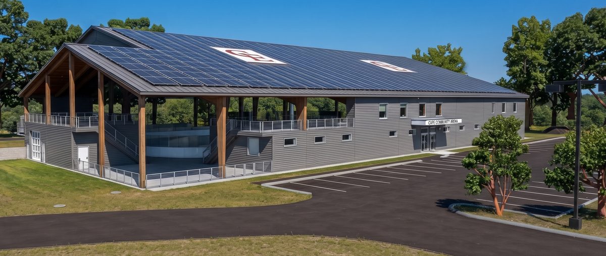 Concept rendering of the permanent arena at Gull Crest: a covered building with open sides, timber posts, and a solar roof.