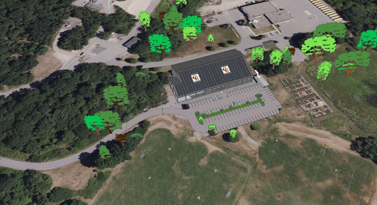Aerial concept view of the arena at Gull Crest showing the building, the enlarged parking area, the community garden plots to the east, and the playing fields below.